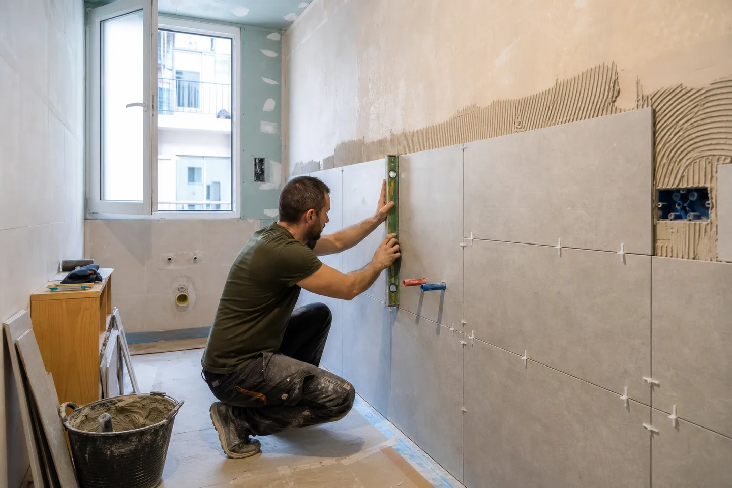 Colocación profesional de azulejos durante una reforma de baño