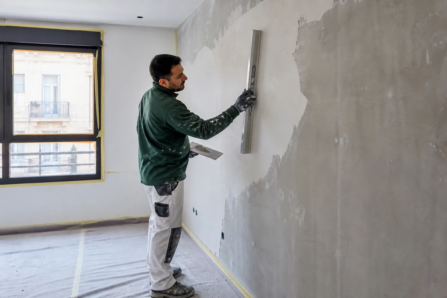 Profesional preparando paredes durante una reforma